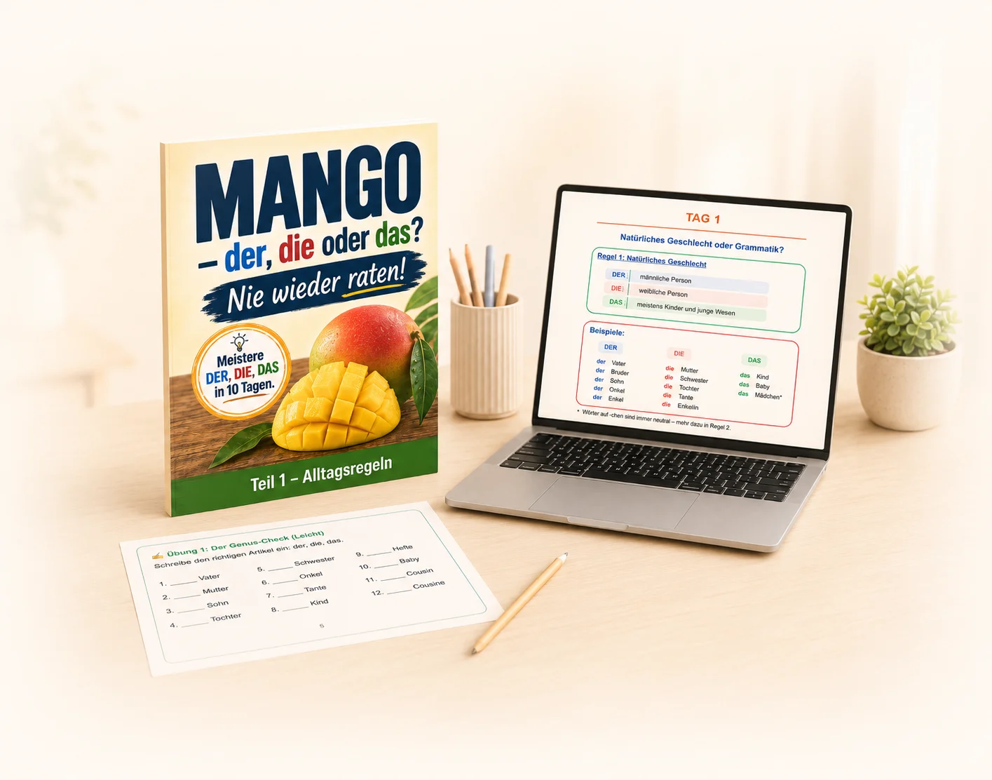 MANGO Lernheft mit Laptop und Übungen zu der, die und das